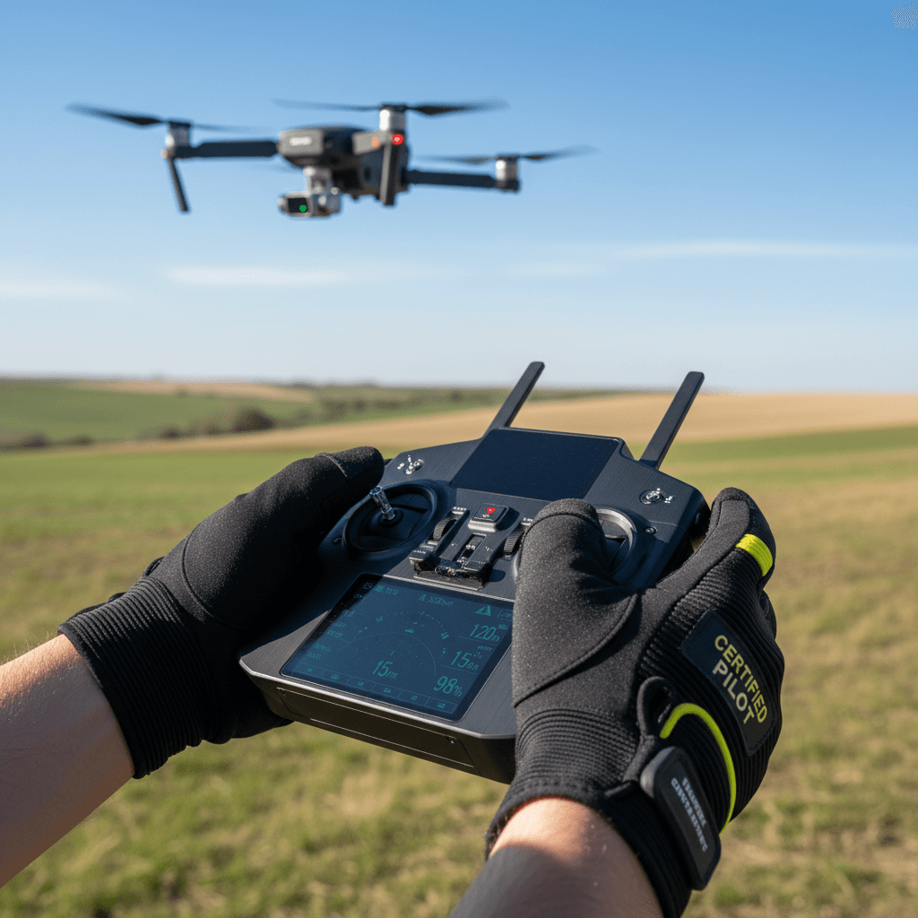 Drone pilot's hands operating transmitter control in sunlit field with aircraft visible in background