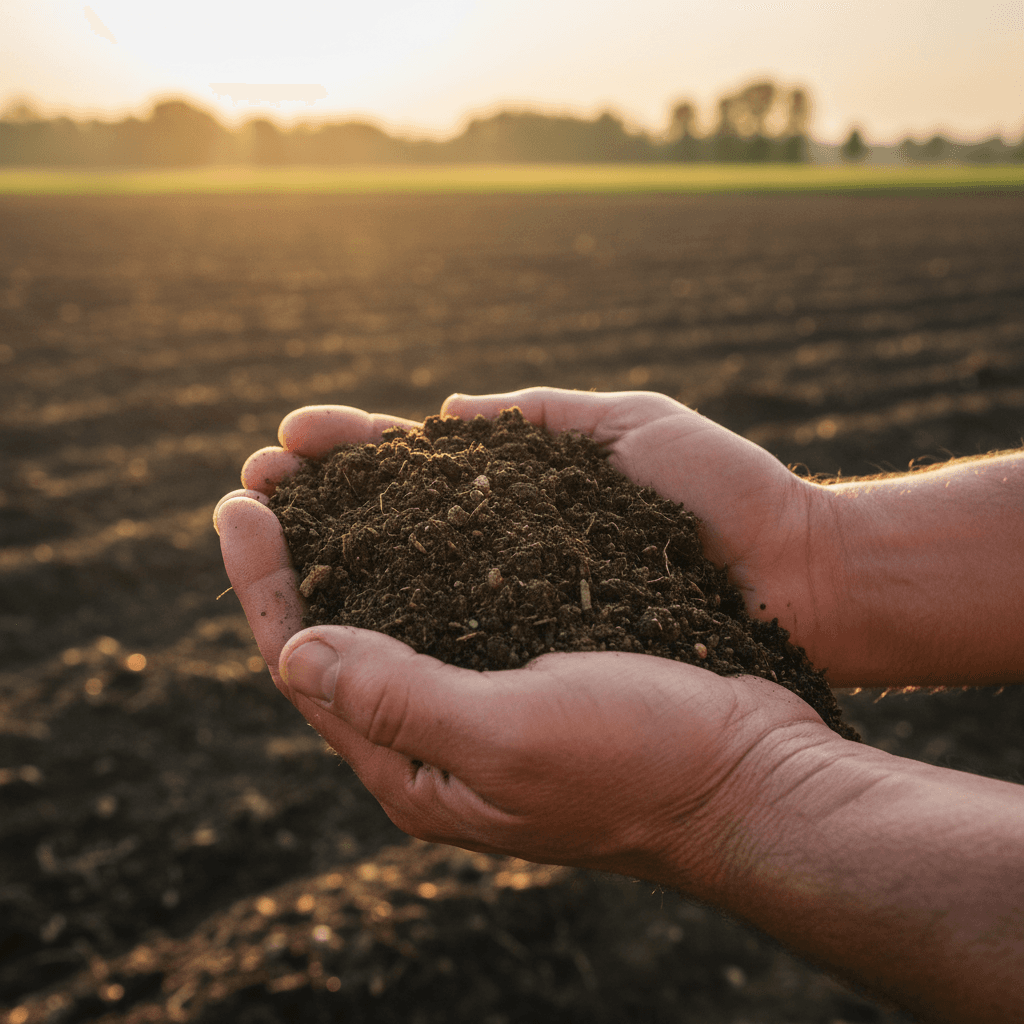 Farmer's hands holding rich dark soil with visible organic matter, demonstrating soil quality assessment in early morning light