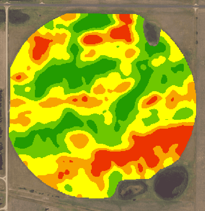 Circular field with a color-coded heat map overlay showing varying levels of crop health.
