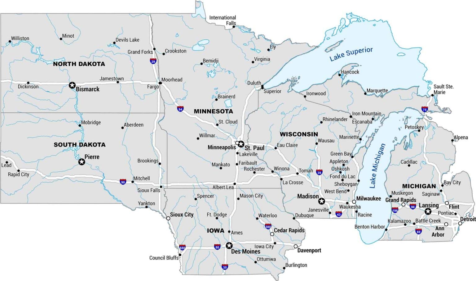 Map of Upper Midwest US states showing major cities, highways, and the Great Lakes.